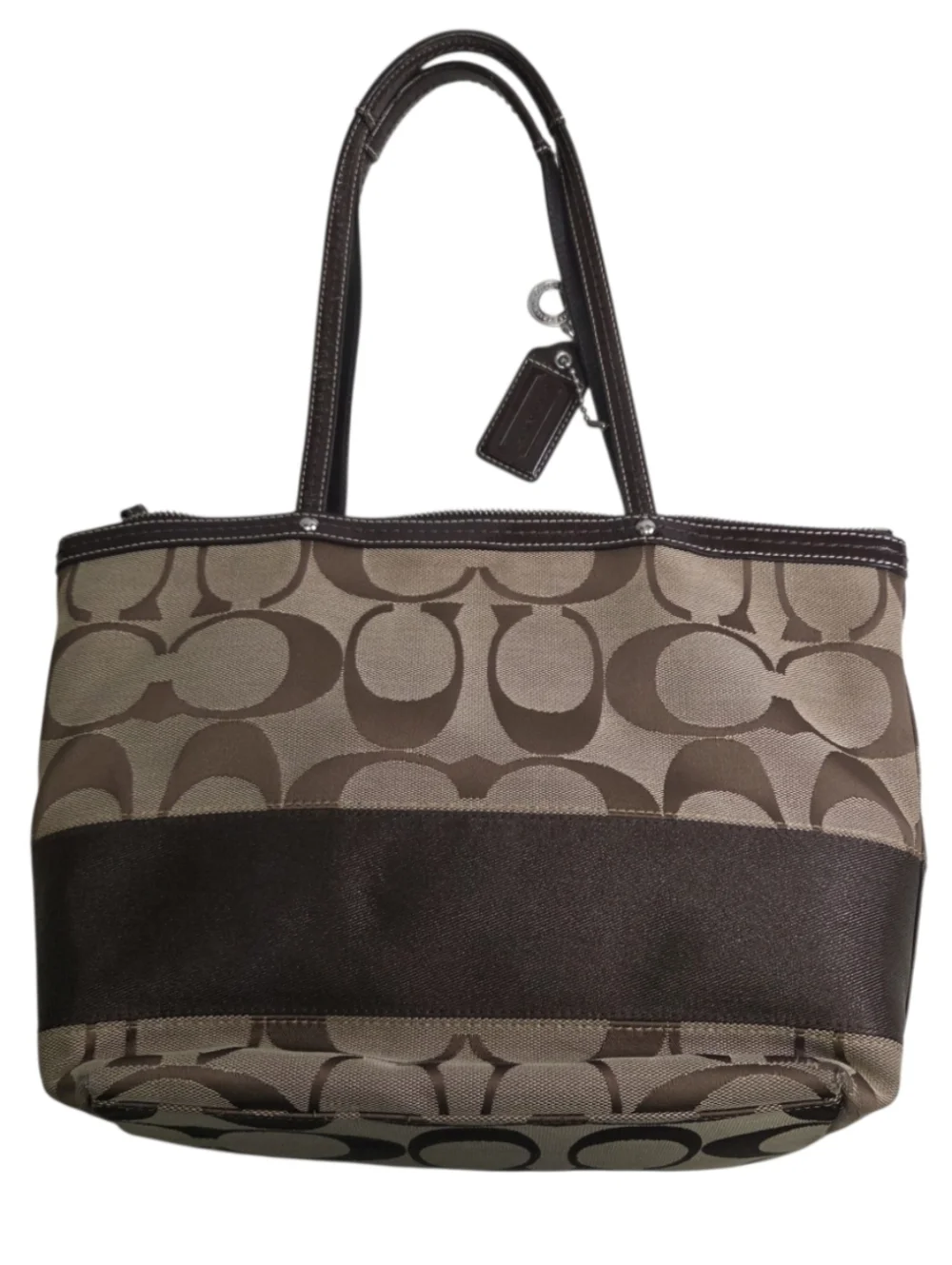 COACH Signature Stripe Tote Brown Khaki Shoulder Bag F13548